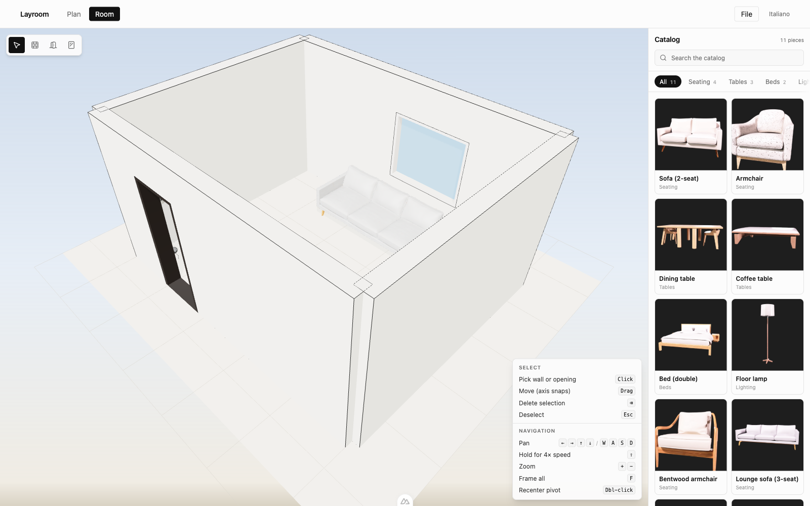Layroom's Build view, showing a 3D room with walls, a door, a window, and furniture in place.