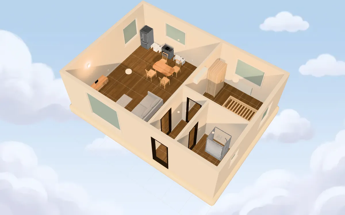 3D render of the same flat in daylight, seen from above with the roof off: sofa, dining table, kitchen, bedroom and shower.
