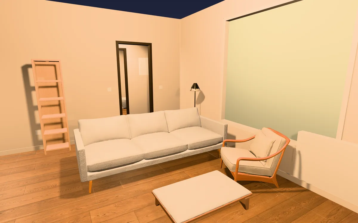 Inside the flat's living room in the evening: sofa, armchair, floor lamp and bookshelf, lit warm.